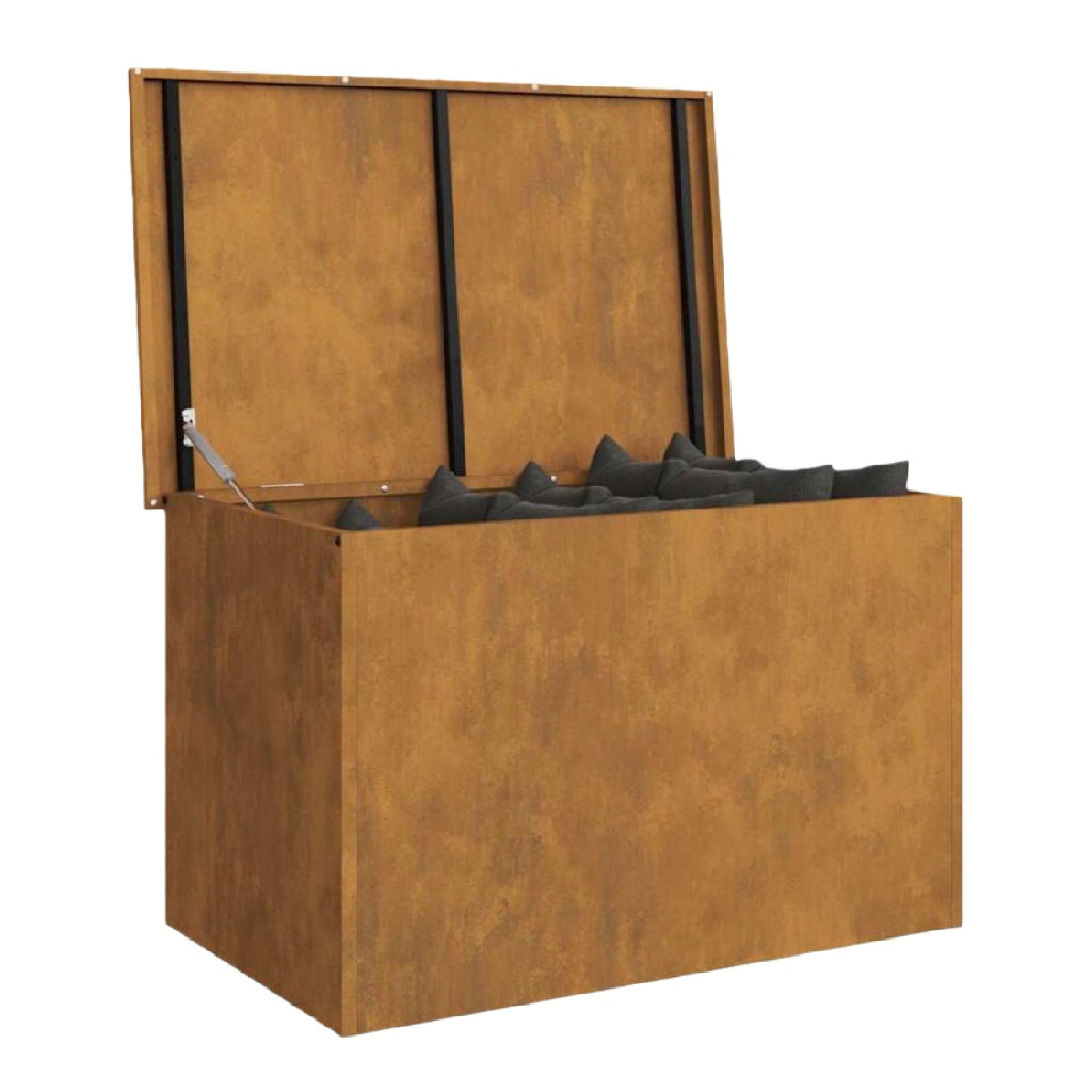 Caja de almacenamiento con tapa abatible, acabado marrón y cojines interiores