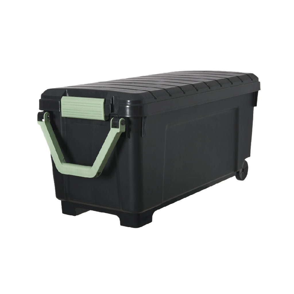 Caja de Almacenamiento de Plástico Negra con Asa Verde y Ruedas